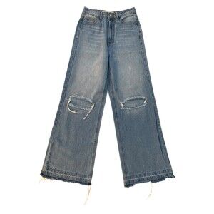 Denimlab Women's size 4 US High Waist Wide Leg Jeans Distressed Relaxed Raw Hems